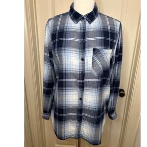 Beachlunchlounge Plaid Flannel Shirt Blue Balloon Button Down Cotton M